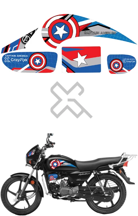 Captain America Edition Half Body Sticker Compatible with Splendor Plus | Printed In Premium Vinyl With FPF(Fade Protection Film), Water Proof, Precut Sticker, Pack Of 1 Compatible with Both Side
